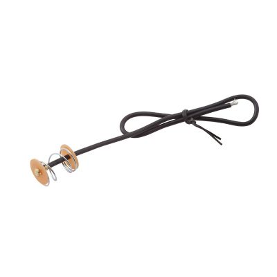 Pigtail wire assembly with single contact, featuring black cable and metal spring component for electrical connections.