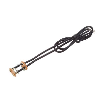 Pigtail wire assembly with double contact, featuring coiled black cables and metallic connectors.