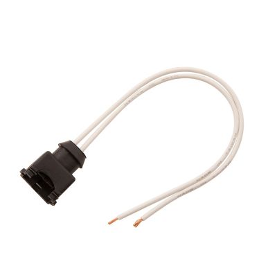 Black injector solenoid connector with two white wires, featuring exposed copper tips.