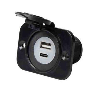 Dual USB A and C combo with mounting plate, black finish, LED indicator, versatile charging solution for 12-24V systems.