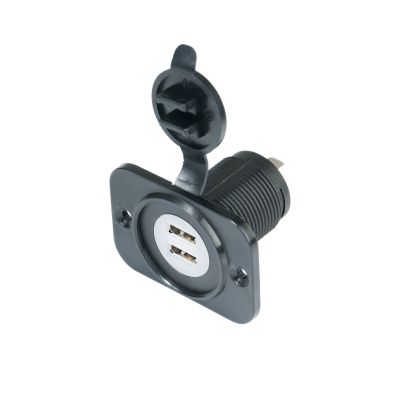 Black Marinco dual USB charger with mounting plate and LED indicator, suitable for 12-24V, featuring two USB ports.