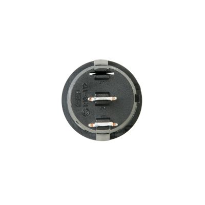 Round non-illuminated rocker switch with legends and SPST configuration, featuring clearly visible terminals and embossed details.