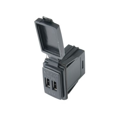Dual USB charger with switch mount, featuring a sleek black design and protective cover for 12/24V systems.