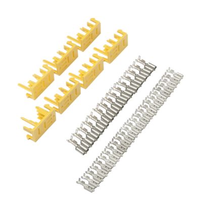 Seven yellow micro relay holders with metal connectors, showcasing components of a 7-way relay holder kit.