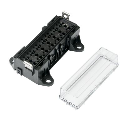 Micro Relay Block Kit with 7-way connector and clear cover, featuring 16-14 gauge terminals for electrical applications.