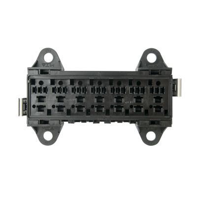 Micro relay holder kit with seven slots, featuring a durable black plastic design and mounting holes for easy installation.