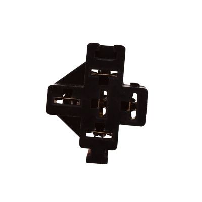 Black pre-wired relay socket harness with multiple slots for electrical connections and secure wiring.
