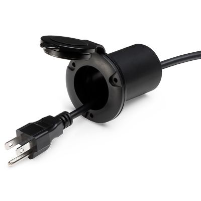 View of cord sticking out of ProMariner AC plug cover and cord holder in black used to protect cords when not in use.