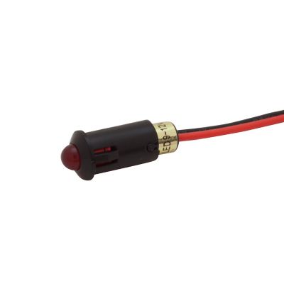 LED red non-flashing prewired indicator light with black casing and visible wiring.