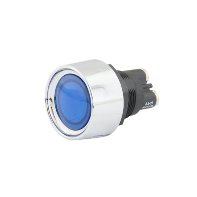 LED illuminated blue push button switch with chrome trim, displaying on-off function, for electronics and machinery applications.