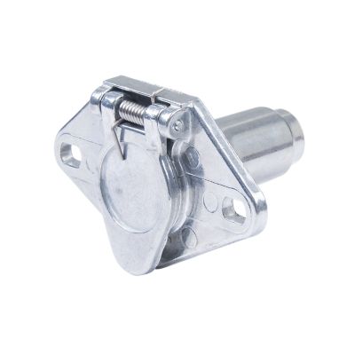 Silver 6-way trailer connector with round pin style and metal socket, showcasing robust design and durability.