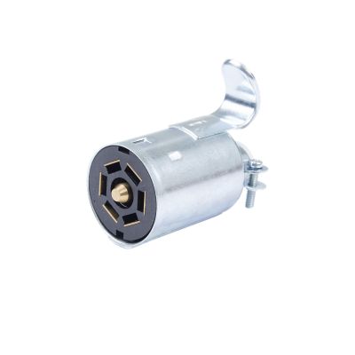 RV blade style metal plug with a 7-way trailer connector, featuring a durable metallic finish and accessible screw mounts.