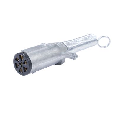 Round pin trailer connector with metal plug and protective cable guard, designed for weather resistance.