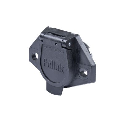 Round pin style nylon trailer connector with durable black casing and mounting features.