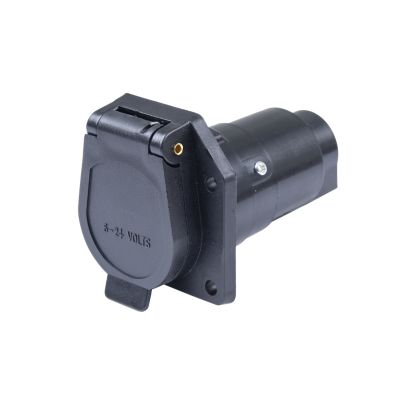 RV blade style 7-way trailer connector in robust black nylon, featuring an SAE configuration for secure electrical connections.