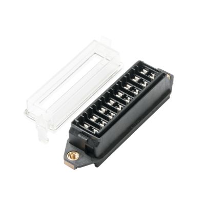 8-way panel mount fuse block with a transparent cover, highlighting electrical connections for easy installation and safety.