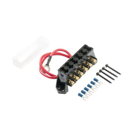 6-way fuse block with cover, screws, and connectors, featuring a red hot wire for electrical installations.