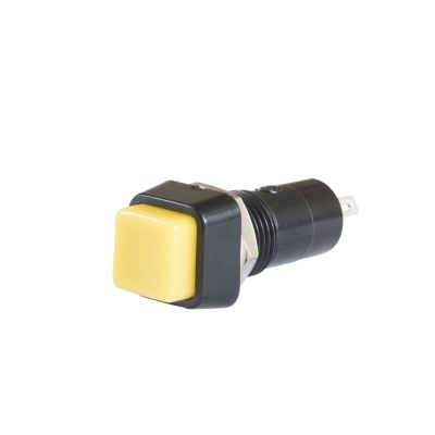 Square yellow SPST ON-OFF push-button switch with non-illuminated design on a black base.