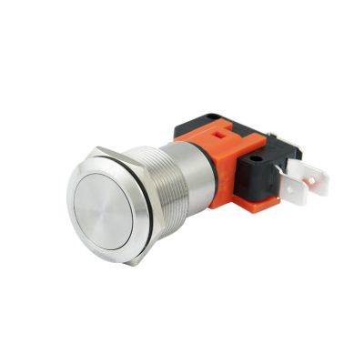 Stylish anti-vandal momentary switch with a durable metal housing and orange base, designed for low current applications.