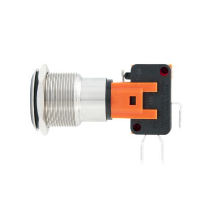 Anti-vandal momentary switch with metal casing and orange connector, designed for low current applications.