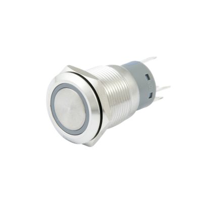 Stainless steel anti-vandal momentary switch with pin terminals, featuring a robust circular design for secure installations.