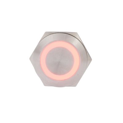 Ring illuminated red anti-vandal switch with a metallic finish, featuring momentary (ON)-OFF function and screw terminal connection.