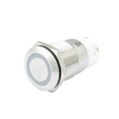 Anti-vandal momentary switch with screw terminal, featuring a durable metallic finish and a sleek circular design.