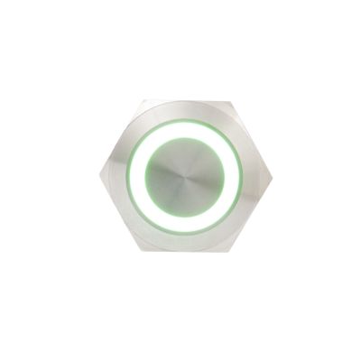 Green illuminated anti-vandal momentary switch with screw terminal, featuring a sleek metallic design.