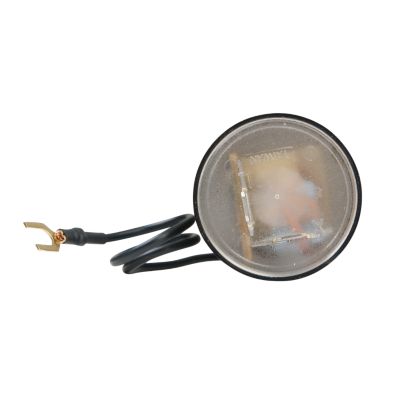 Transparent two-pin electromechanical flasher with wire and connector, showcasing internal components and circuit detail.