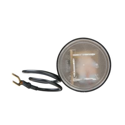 Three-pin electromechanical flasher with visible wiring, showcasing metal connectors and a transparent cover.
