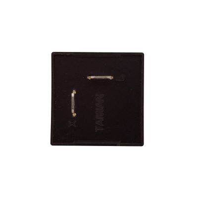 Black LED flasher relay with labeled terminals for automotive use on white background.