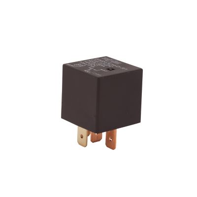Black relay with resistor, featuring copper terminals, ideal for electrical applications, isolated on white background.