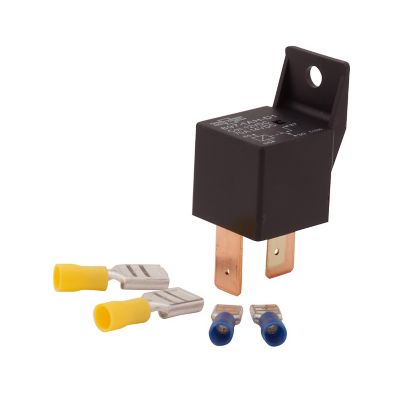 High power mini ISO NO relay, black casing with copper terminals and yellow connectors, designed for 12V electronic applications.