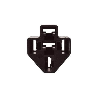 Black molded 5 pin relay socket with geometric openings, designed for secure electrical connections and efficient assembly.