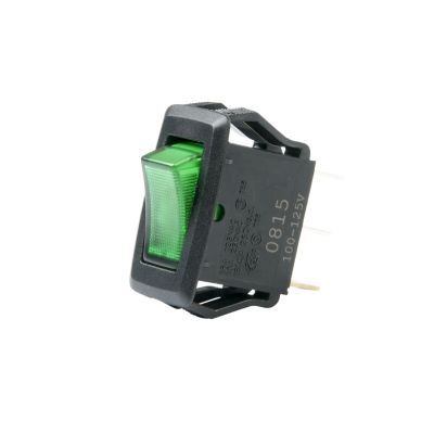Green illuminated SPST On-Off rocker switch for appliances, AC rated, shown at an angle, highlighting design and connectors.
