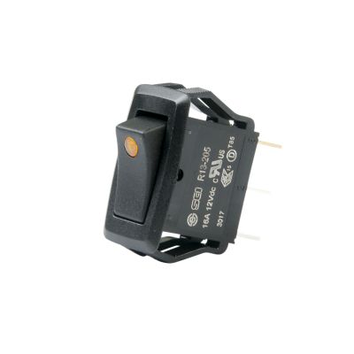 LED illuminated rocker switch, amber color, snap-in design, DC rated, with SPST on-off functionality.