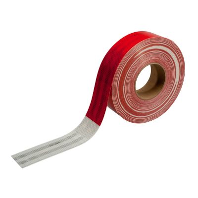 Red and white reflective tape roll with diamond pattern, designed for visibility and safety in transportation applications.