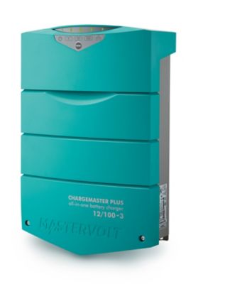 Teal ChargeMaster Plus 12/100-3 battery charger by Mastervolt with status indicators on top.