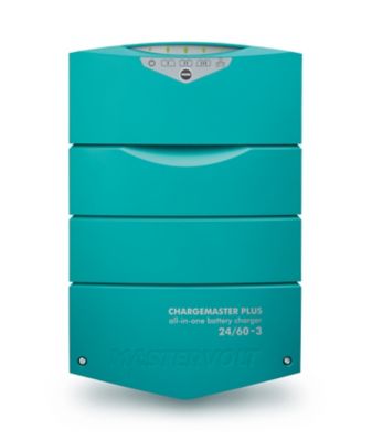 Teal battery charger with control panel and labeled "Chargemaster Plus," ideal for efficient power management solutions.