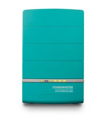 Teal Mastervolt CombiMaster inverter/charger with LED indicators and model details, offering efficient power solutions.