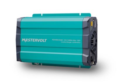 Mastervolt PowerCombi 12V inverter and charger, featuring a sleek turquoise design with visible input and output ports.
