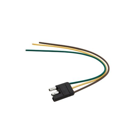 Three-way flat molded electrical connector with male terminals, featuring black casing and three colored wires: yellow, green, brown.