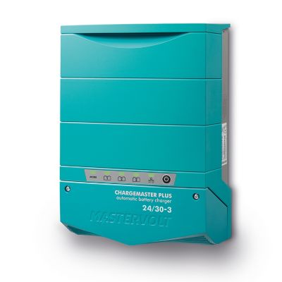 Teal Mastervolt ChargeMaster Plus 24/30-3, an automatic battery charger with LED indicators and modern design.