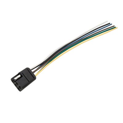 Female-only 6-way molded connector with multiple colored wires for electrical connections and automotive use.