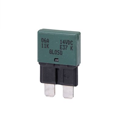 Moss green 6 amp auto reset low profile circuit breaker with blade style design, suitable for 14V DC applications.