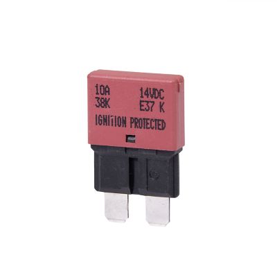Red Auto Reset Low Profile Circuit Breaker with Blade Style design for 10 Amp, 14V applications.