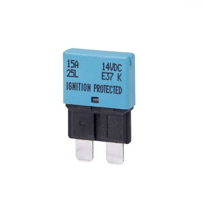 Blue auto reset low profile circuit breaker, blade style, 15 amp, designed for 14V systems, ignition protected.