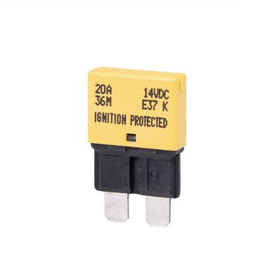 Yellow 20 Amp circuit breaker, blade style, designed for automatic reset, suitable for 14V systems, ignition protected.