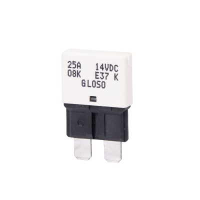 White low profile circuit breaker, blade style, 25 amp, with visible markings, designed for auto reset in automotive use.
