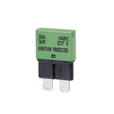Green auto reset circuit breaker, low profile, blade style, for 14V systems, featuring ignition protection, 30 Amp rating.